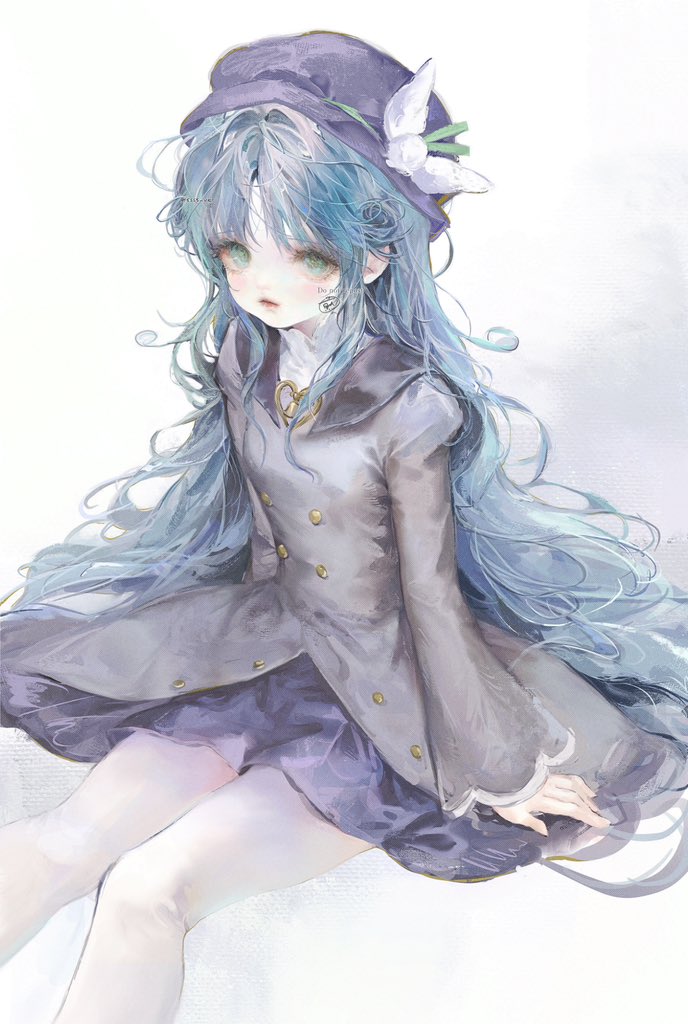 1girl, black_jacket, blue_eyes, blue_hair, blue_hat, blue_skirt, breasts, commentary_request