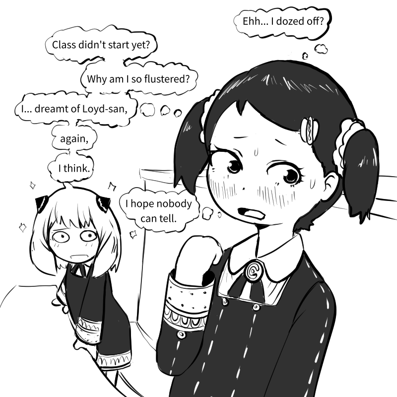 2girls, anya_(spy_x_family), becky_blackbell, blush, child, fake_horns, female_focus, hair_ornament, hairclip, horns, long_sleeves, medium_hair, mind_reading, monochrome, multiple_girls, powerofsin, school_uniform, skirt, spy_x_family, table, twintails