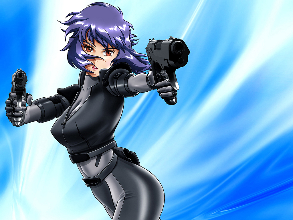 1girl, bodysuit, breasts, brown_eyes, cleavage, dual_wielding, female_focus, ghost_in_the_shell