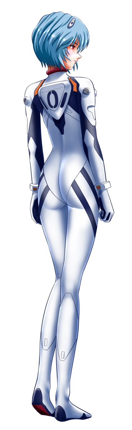 1girl, ass, ayanami_rei, blue_hair, female_focus, highres, long_image, mecha_pilot_suit, neon_genesis_evangelion, plugsuit_(evangelion), red_eyes, short_hair, solo, tall_image, yuusuke_(ziyasu)