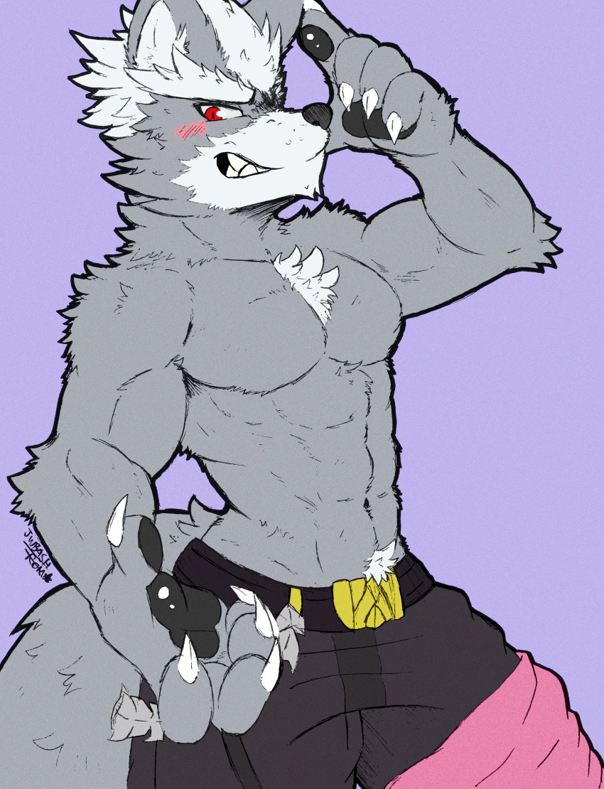 1boy, abs, absurdres, animal_ears, artist_name, black_pants, blush, claws