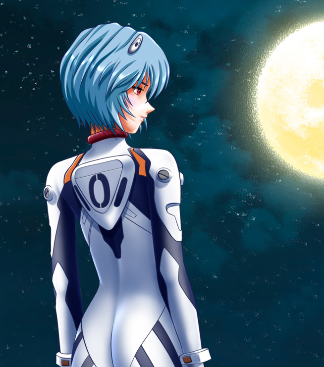 1girl, ass, ayanami_rei, blue_hair, cowboy_shot, female_focus, from_behind, interface_headset_(evangelion)