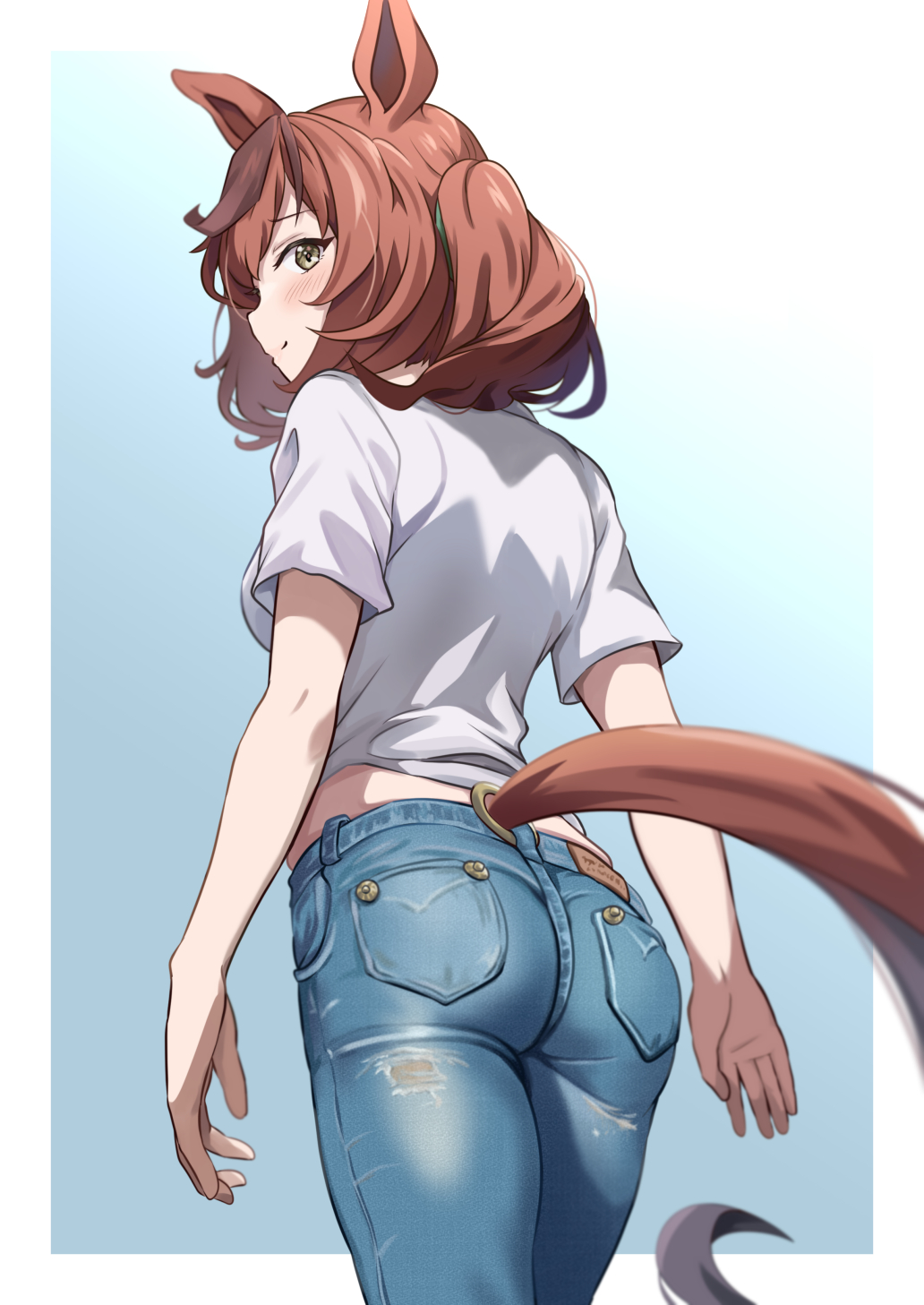 1girl, animal_ears, arms_at_sides, ass, blush, border, breasts, brown_hair