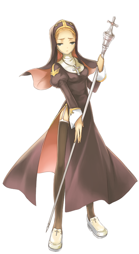 1girl, artist_request, black_eyes, black_thighhighs, blonde_hair, breasts, brown_coif, brown_dress