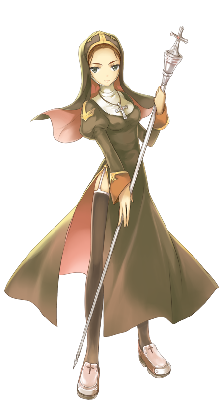 1girl, artist_request, black_eyes, black_thighhighs, breasts, brown_coif, brown_dress, brown_hair