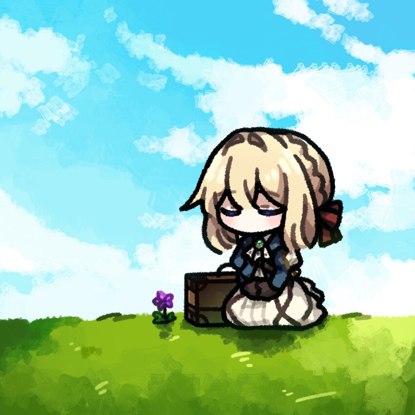 1girl, ascot, blonde_hair, blue_jacket, braid, chibi, closed_eyes, day
