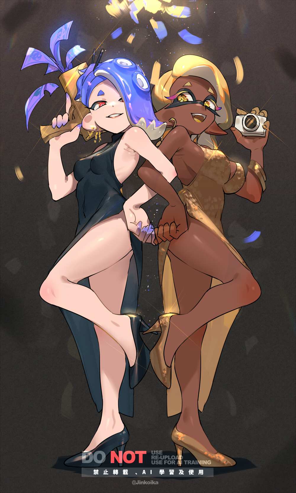 2girls, armpit_crease, asymmetrical_bangs, bare_legs, bare_shoulders, black_dress, black_footwear, blonde_hair, bracelet, breasts, camera, colored_extremities, colored_eyelashes, colored_tongue, commentary, cross-shaped_pupils, dark-skinned_female, dark_skin, dress, earrings, frye_(splatoon), full_body, glint, grin, hair_bun, hair_ornament, hair_over_one_eye, hair_stick, hand_on_own_hip, high_heels, highres, holding, holding_camera, inkling, jewelry, jinkoika, large_breasts, legs, locked_arms, long_eyelashes, medium_hair, money, multiple_girls, nintendo, octoling, official_alternate_costume, official_alternate_hairstyle, one_eye_covered, open_mouth, parted_bangs, pointy_ears, purple_hair, red_eyes, shiver_(splatoon), shoes, side_slit, single_hair_bun, sleeveless, sleeveless_dress, smile, splatoon_(series), splatoon_3, standing, standing_on_one_leg, untranslatable_commentary, symbol-shaped_pupils, tentacle_hair, watermark, yellow_dress, yellow_eyes, yellow_shoes, yellow_tongue