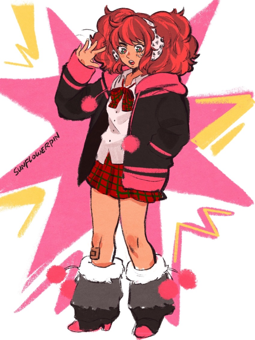 1girl, bandaid, bandaid_on_knee, bandaid_on_leg, black_jacket, blush, boots, bow, collared_shirt, earmuffs, full_body, fur-trimmed_boots, fur_trim, green_eyes, grey_boots, highres, hood, hood_down, hooded_jacket, jacket, kyokugen_dasshutsu, kyokugen_dasshutsu:_9_jikan_9_nin_9_no_tobira, marigoldflowerdays, medium_hair, open_mouth, plaid_bow, plaid_clothes, plaid_skirt, pom_pom_(clothes), red_bow, red_hair, red_skirt, shirt, skirt, solo, standing, white_shirt, yotsuba_(kyokugen_dasshutsu)