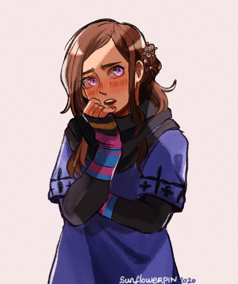 1girl, artist_name, black_scarf, black_shirt, blue_dress, brown_hair, dated, dress