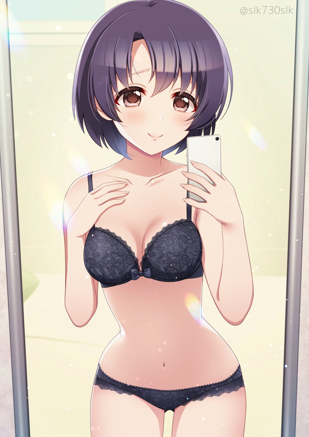 1girl, bare_shoulders, black_bra, black_hair, black_panties, blush, bra, breasts