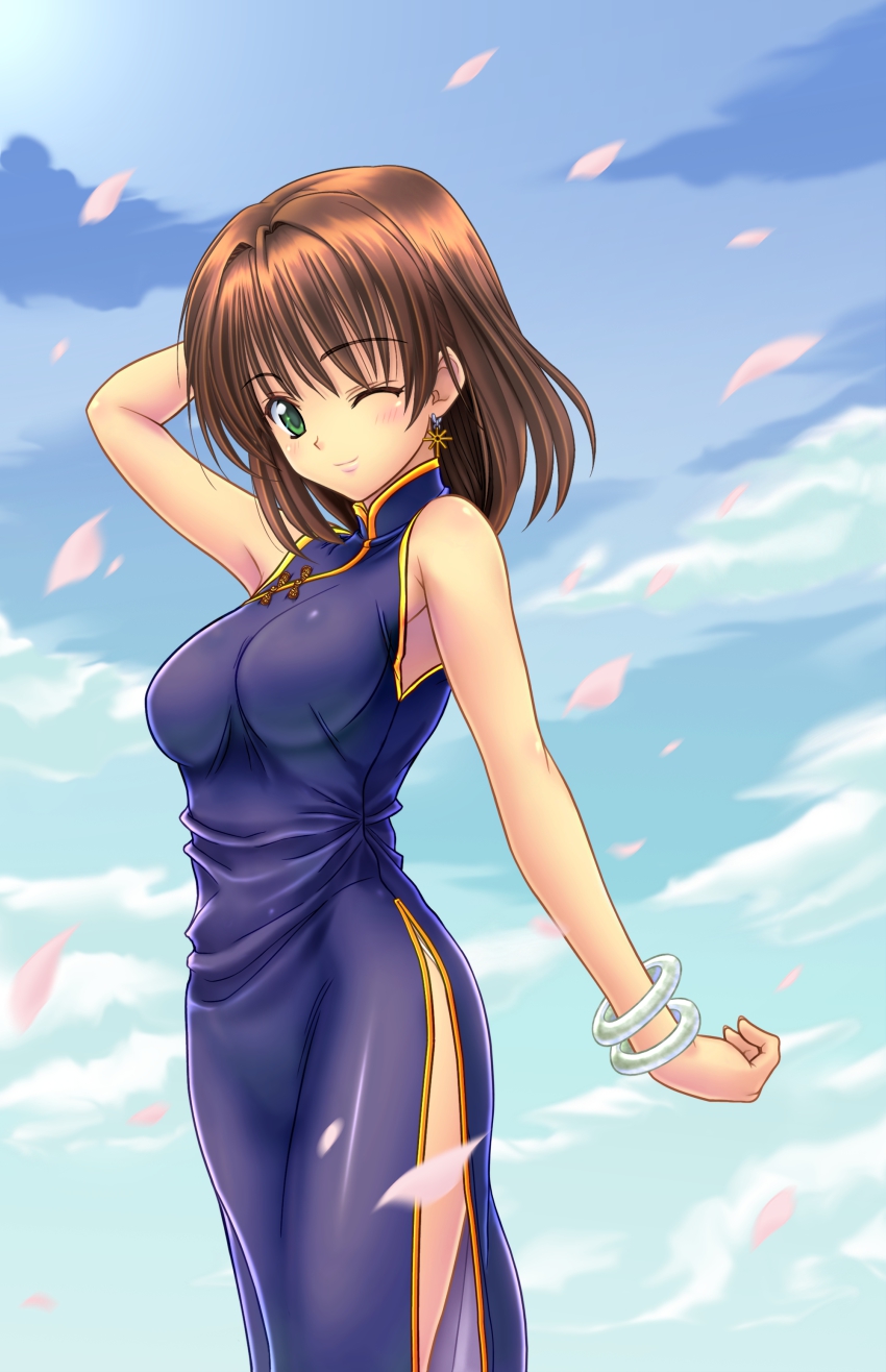 1girl, absurdres, belt, bracelet, breasts, brown_hair, china_dress, chinese_clothes, dress, earrings, female_focus, highres, iyo_(yamato_gensouki), jewelry, one_eye_closed, petals, short_hair, side_slit, solo, wink, yabuki_kentarou, yamato_gensouki