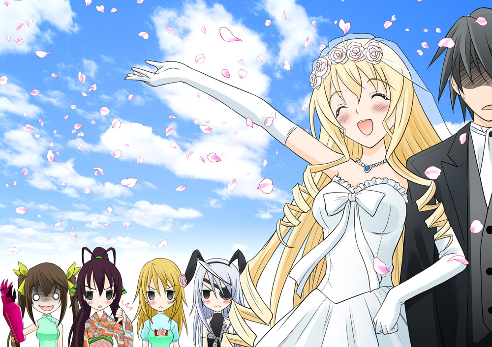 10s, 1boy, 5girls, :<, ^_^, angry, animal_ears, black_hair, blank_eyes, blonde_hair, blush, bridal_veil, bride, brown_hair, cecilia_alcott, charlotte_dunois, cherry_blossoms, chinese_clothes, closed_eyes, cloud, day, digging_your_own_grave, dress, eyepatch, flower, happy, huang_lingyin, infinite_stratos, laura_bodewig, long_hair, multiple_girls, no_eyes, o_o, orimura_ichika, petals, ponytail, rabbit_ears, rape_face, rose, rose_petals, shaded_face, shinonono_houki, silver_hair, sky, takeshita_kenjirou, thumbs_down, twintails, veil, wedding, wedding_dress, yandere