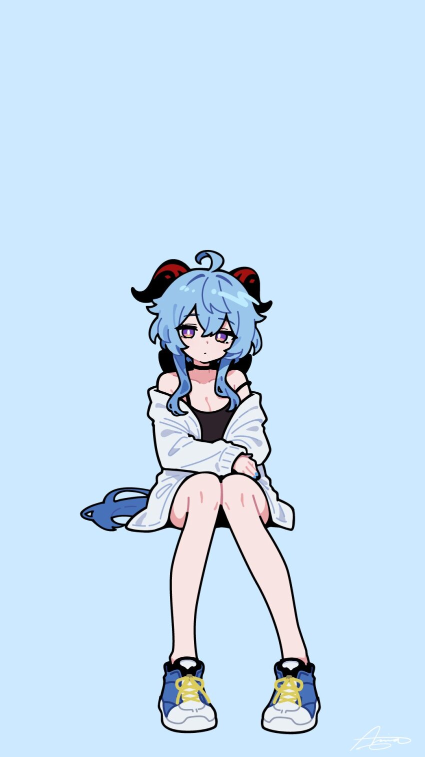 ameniwa, black_tank_top, blue_background, blue_footwear, blue_hair, blue_nails, blue_theme, choker, cowlick, ganyu_(genshin_impact), genshin_impact, highres, horns, looking_at_viewer, off-shoulder_shirt, off-shoulder_sweater, off_shoulder, open_clothes, open_shirt, purple_eyes, red_horns, shirt, shoes, sidelocks, simple_background, sitting, sneakers, sweater, tank_top, white_shirt, white_sweater