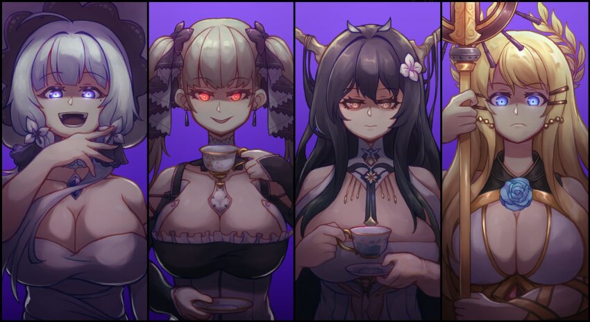 4girls, absurdres, azur_lane, black_hair, blonde_hair, blue_eyes, breasts, brown_eyes, cleavage, commission, cup, dress, formidable_(azur_lane), glowing, glowing_eyes, grey_hair, grin, highres, holding, holding_cup, holding_staff, huge_breasts, illustrious_(azur_lane), indomitable_(azur_lane), laughing, looking_at_viewer, multiple_girls, ojou-sama_pose, red_eyes, smile, smug, staff, straight-on, thokuma, twintails, victorious_(azur_lane), white_dress, white_hair