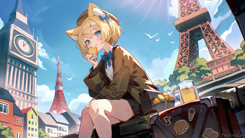 1girl, animal_ears, bag, bird, black_bag, black_skirt, blonde_hair, blue_bow