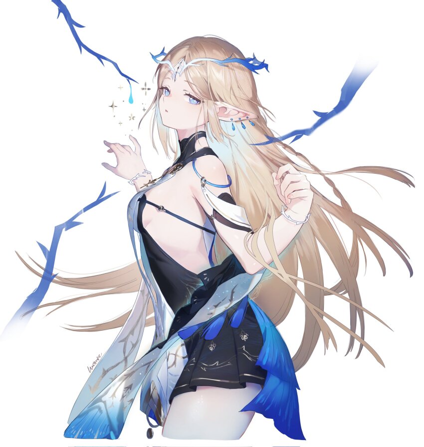 1girl, bare_shoulders, birthday_miaoke, black_dress, blonde_hair, blue_eyes, breast_curtains, breasts