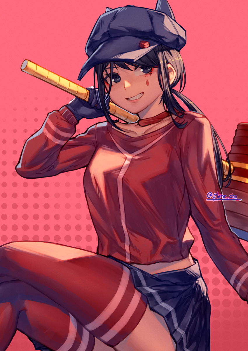 1girl, animal_ear_headwear, animal_ears, black_eyes, black_hair, blue_hat, blue_skirt, breasts, collarbone, commentary, cool_mita_(miside), english_commentary, facial_tattoo, fake_animal_ears, flamechamp10n, gloves, grin, hammer, hat, highres, holding, holding_hammer, long_hair, long_sleeves, medium_breasts, miniskirt, miside, mita_(miside), parted_lips, pink_background, pleated_skirt, polka_dot, polka_dot_background, red_sweater, red_thighhighs, skirt, smile, solo, sweater, tattoo, teardrop_tattoo, thighhighs, toy_hammer, twitter_username