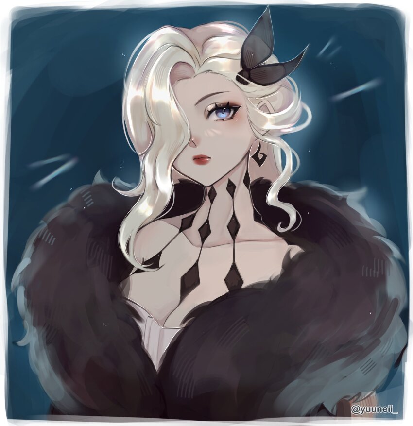 1girl, absurdres, blonde_hair, blue_eyes, border, breasts, butterfly_hair_ornament, coat