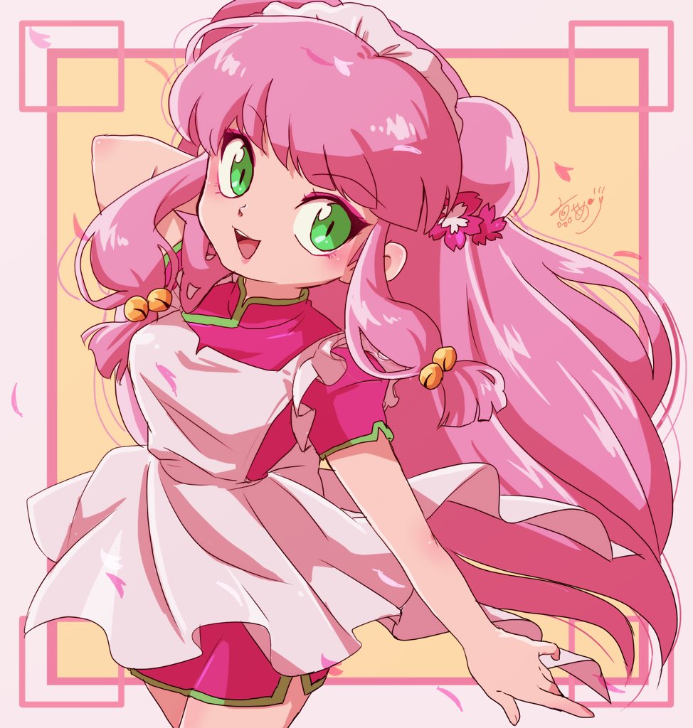 1girl, alternate_hair_color, apron, chinese_clothes, double_bun, dress, flower, green_eyes