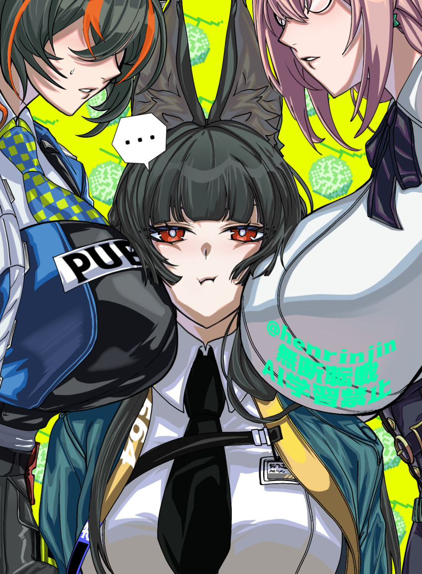 ..., 3girls, animal_ear_fluff, animal_ears, black_hair, black_necktie, blue_jacket, blunt_bangs, breast_focus, breasts, closed_mouth, dress_shirt, earrings, expressionless, fox_ears, fox_girl, glasses, green_jacket, highres, hoshimi_miyabi, huge_breasts, jacket, jewelry, kaneyasu, large_breasts, long_hair, looking_at_viewer, multicolored_hair, multiple_girls, necktie, orange_hair, parted_lips, police, police_uniform, policewoman, red_eyes, shirt, sidelocks, streaked_hair, sweatdrop, tsukishiro_yanagi, two-tone_hair, white_shirt, yuri, zenless_zone_zero, zhu_yuan