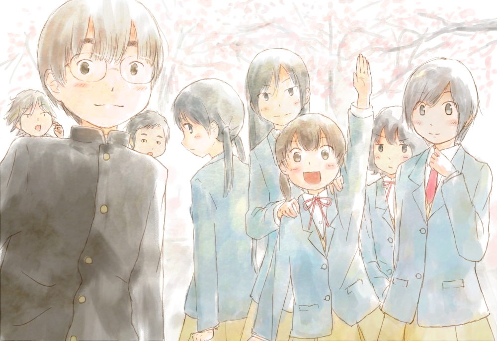 3boys, 5girls, annoyed, ariga_makoto, black_eyes, black_hair, blazer, blush