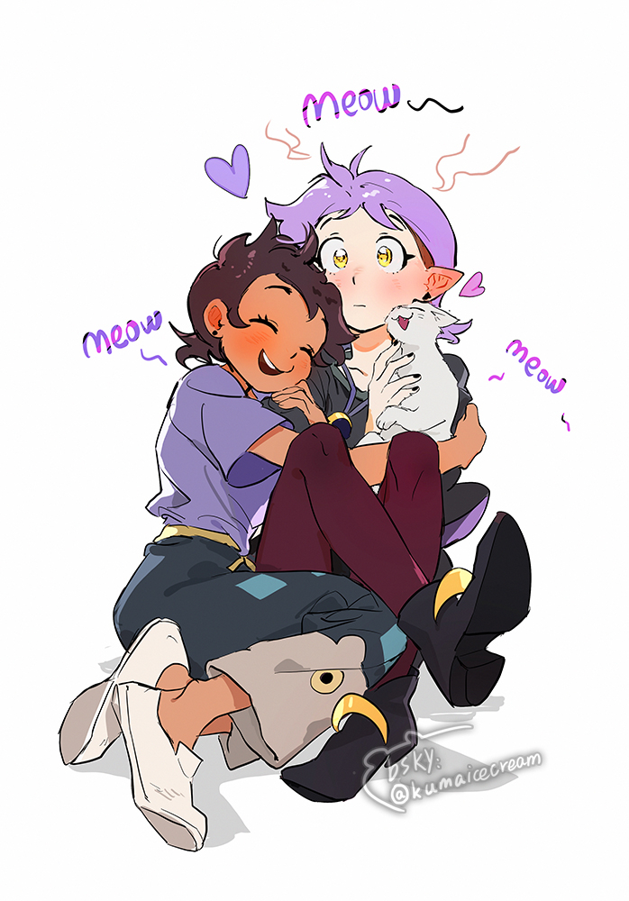 2girls, amity_blight, blush, brown_hair, cat, dark-skinned_female, dark_skin, ear_blush, eyelashes, ghost_(the_owl_house), heart, hug, kuma20151225, luz_noceda, meowing, multiple_girls, pointy_ears, purple_hair, reversible_couple, short_hair, simple_background, smile, the_owl_house, yellow_eyes, yuri