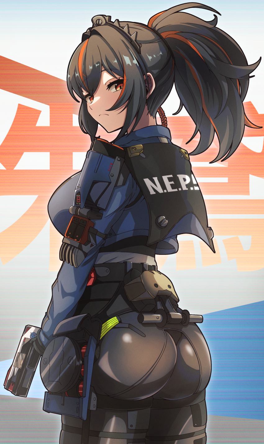 1girl, absurdres, ass, black_hair, black_pants, blue_jacket, breasts, commentary_request