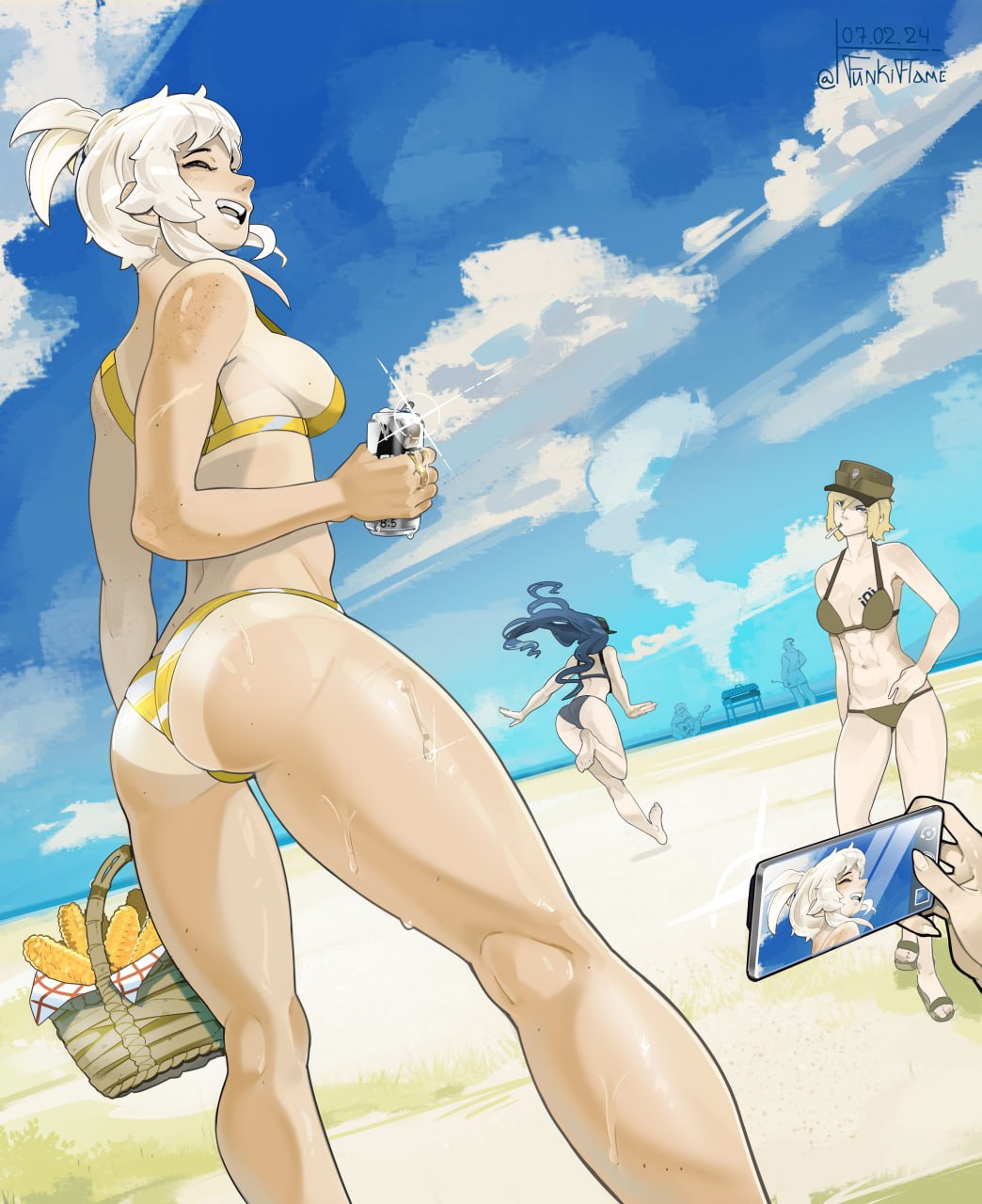 2boys, 3girls, abs, alcohol, ass, ass_focus, bare_legs, beach