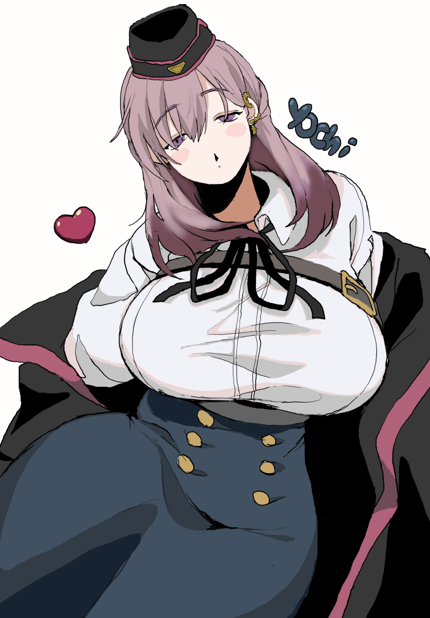 1girl, absurdres, black_coat, black_ribbon, blue_skirt, blush_stickers, breasts, buttons