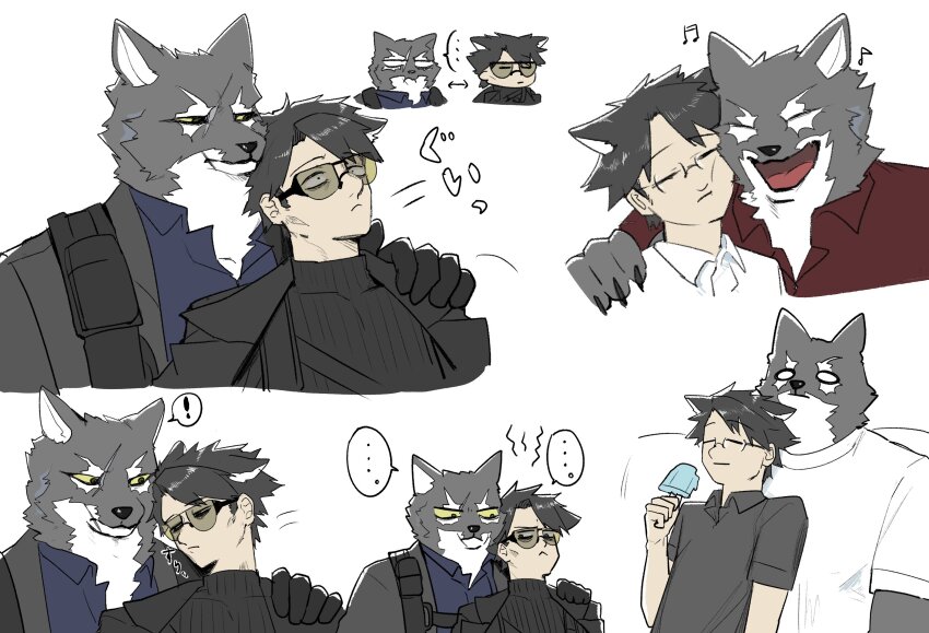 !, ..., 2boys, animal_ears, arknights, black_gloves, black_jacket, black_shirt, capone_(arknights), closed_eyes, closed_mouth, commentary, animal_nose, food, furry, furry_male, gambino_(arknights), glasses, gloves, helpme_erin, highres, holding, holding_food, holding_popsicle, jacket, looking_at_another, male_focus, multiple_boys, multiple_views, musical_note, open_mouth, popsicle, red_shirt, scar, scar_across_eye, scar_on_face, shirt, smile, speech_bubble, spoken_ellipsis, spoken_exclamation_mark, squiggle, white_shirt, wide-eyed, wolf_boy, wolf_ears, yaoi