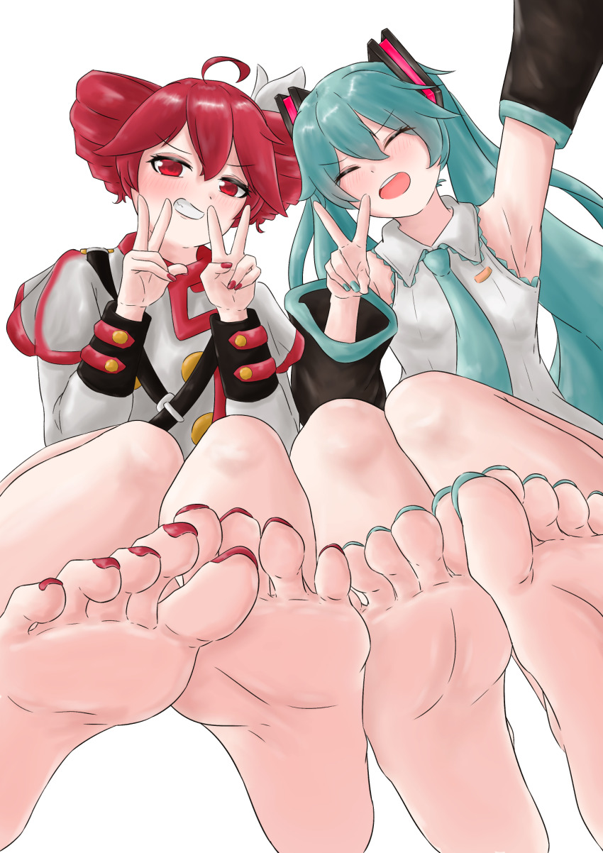 2girls, barefoot, blue_hair, blush, closed_eyes, double_v, feet, grin, hatsune_miku, highres, kasane_teto, long_hair, looking_at_viewer, multiple_girls, open_mouth, red_eyes, red_hair, sei03091, smile, soles, toes, twintails, v, vocaloid