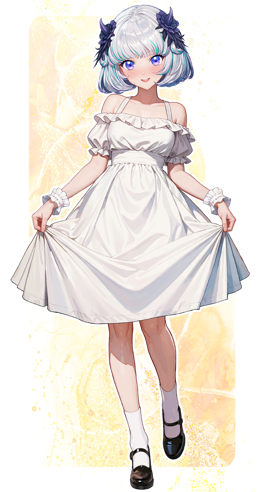 1girl, :d, absurdres, aikatsu!_(series), aikatsu_academy!, aqua_hair, bare_shoulders, black_shoes