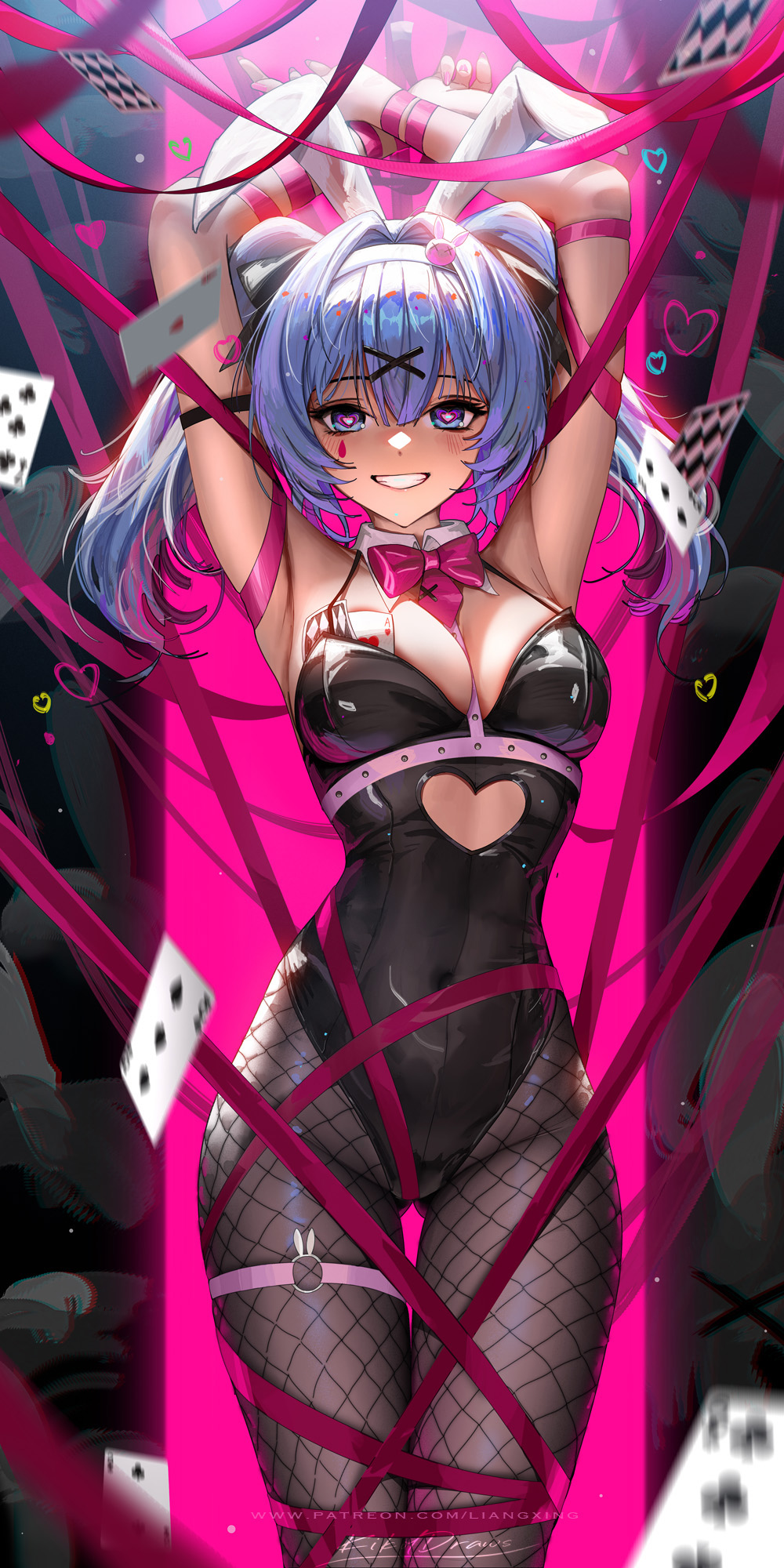 1girl, ace_(playing_card), animal_ears, arms_up, black_background, black_leotard, black_pantyhose, blue_eyes