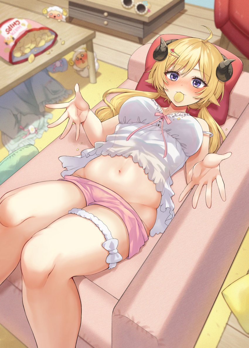 1girl, ahoge, alternate_costume, alternate_hairstyle, animal_ears, bag_of_chips, blonde_hair, blurry