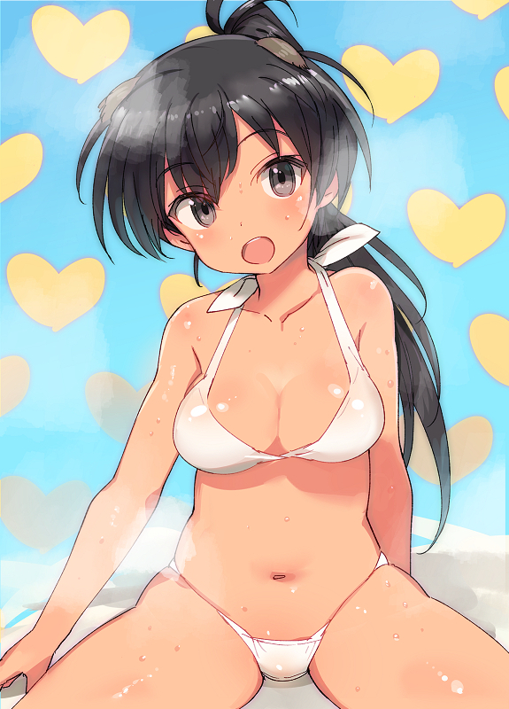 1girl, animal_ears, bikini, bird_ears, bird_girl, black_hair, blue_background, blush