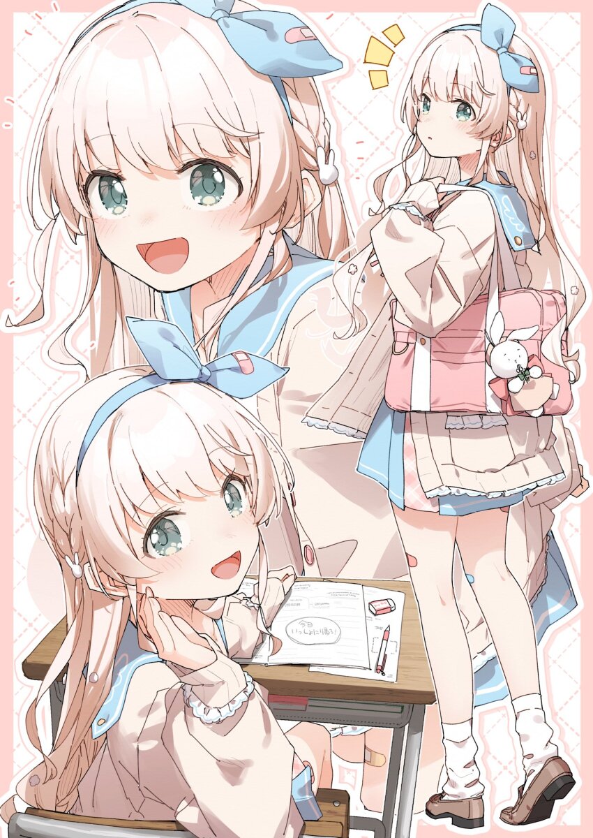 1girl, amo_uno, bandaid, bandaid_on_leg, bandaid_on_object, blonde_hair, blue_sailor_collar, blue_skirt