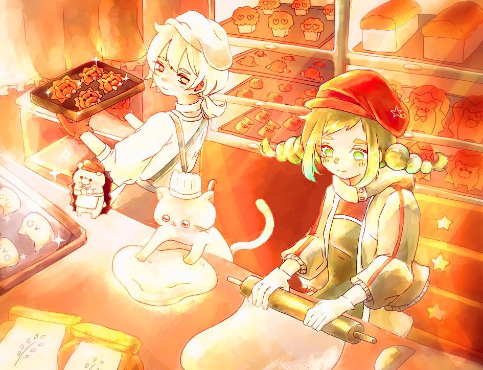 1girl, 2boys, apron, blonde_hair, braid, bread, brown_hat, cat, chef_hat, colored_eyelashes, colored_inner_hair, cupcake, food, gloves, gray-kun_(baker)_(neko_reset)_(zutomayo), gray-kun_(zutomayo), green_eyes, green_hair, grey_jacket, hat, hedgehog, holding, holding_tray, jacket, looking_at_another, mini_chef_hat, mini_hat, multicolored_hair, multiple_boys, neko_reset_(zutomayo), nira-chan, nira-chan_(part-timer)_(neko_reset)_(zutomayo), nyamu_nyamu_(artist), orange_gloves, orange_theme, red_hat, rolling_pin, shirt, sidelocks, smile, tray, twin_braids, uniguri_(zutomayo), waist_apron, white_apron, white_eyelashes, white_gloves, white_hair, white_hat, white_shirt, zutto_mayonaka_de_ii_no_ni