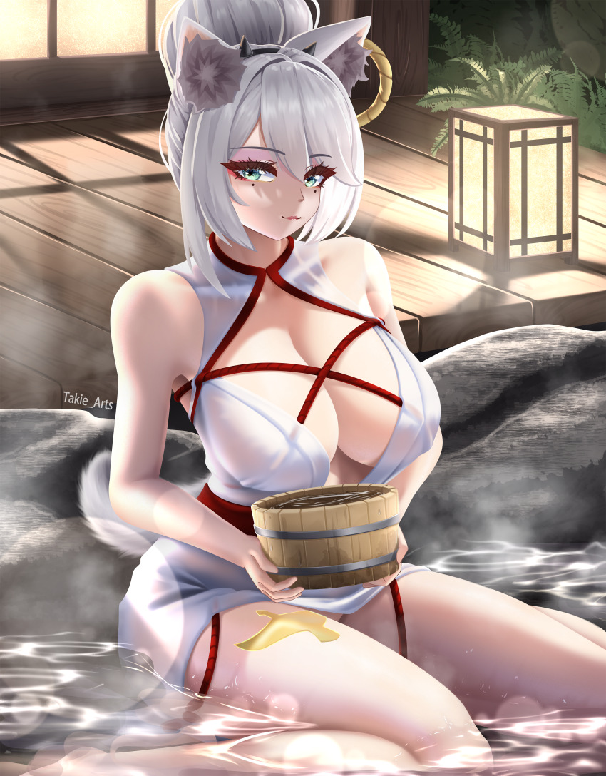 1girl, absurdres, animal_ear_fluff, animal_ears, breasts, bucket, bucket_of_water, cat_ears