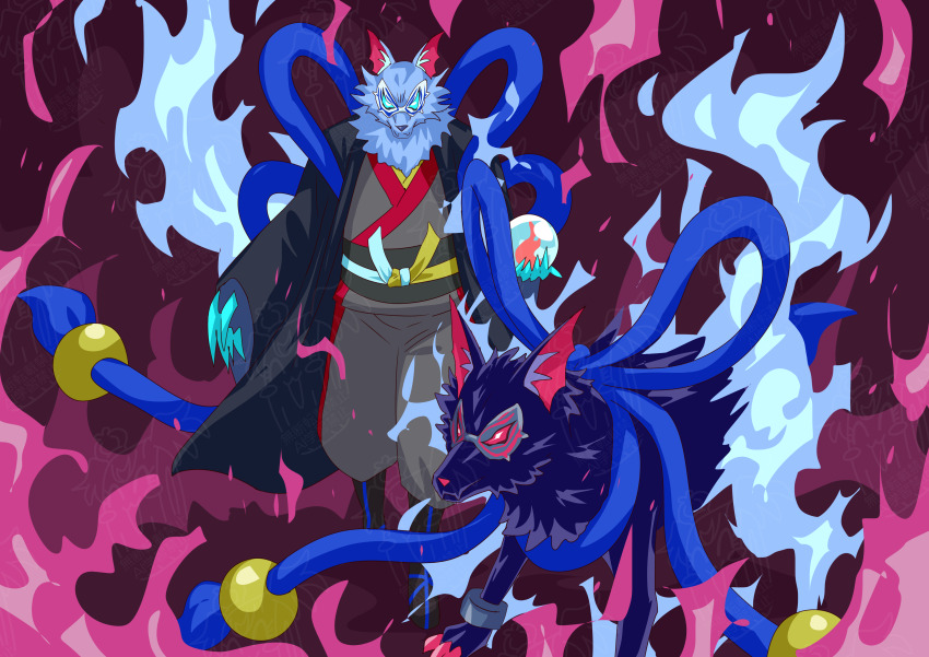 1boy, absurdres, black_haori, black_kimono, blue_ribbon, claws, fire, flame-tipped_tail