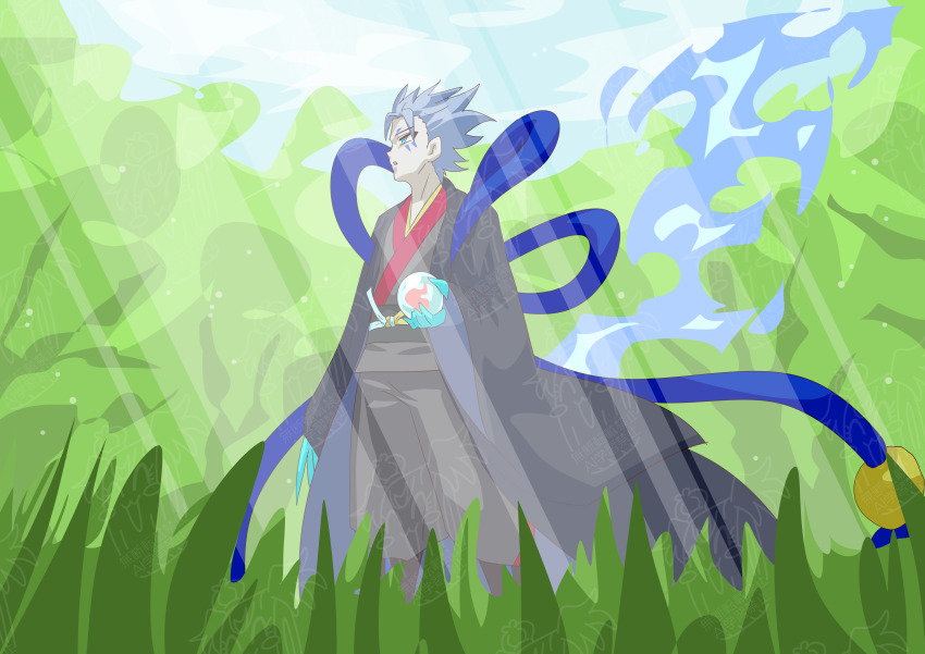 1boy, absurdres, black_haori, black_kimono, blue_eyes, blue_hair, blue_ribbon, claws, cloud, colored_skin, demon_boy, fire, flame-tipped_tail, grass, grey_skin, haori, highres, holding_orb, japanese_clothes, kimono, open_mouth, otokamu, precure, ribbon, short_hair, sky, solo, subaru_(precure), sunlight, tail, tree, wonderful_precure!