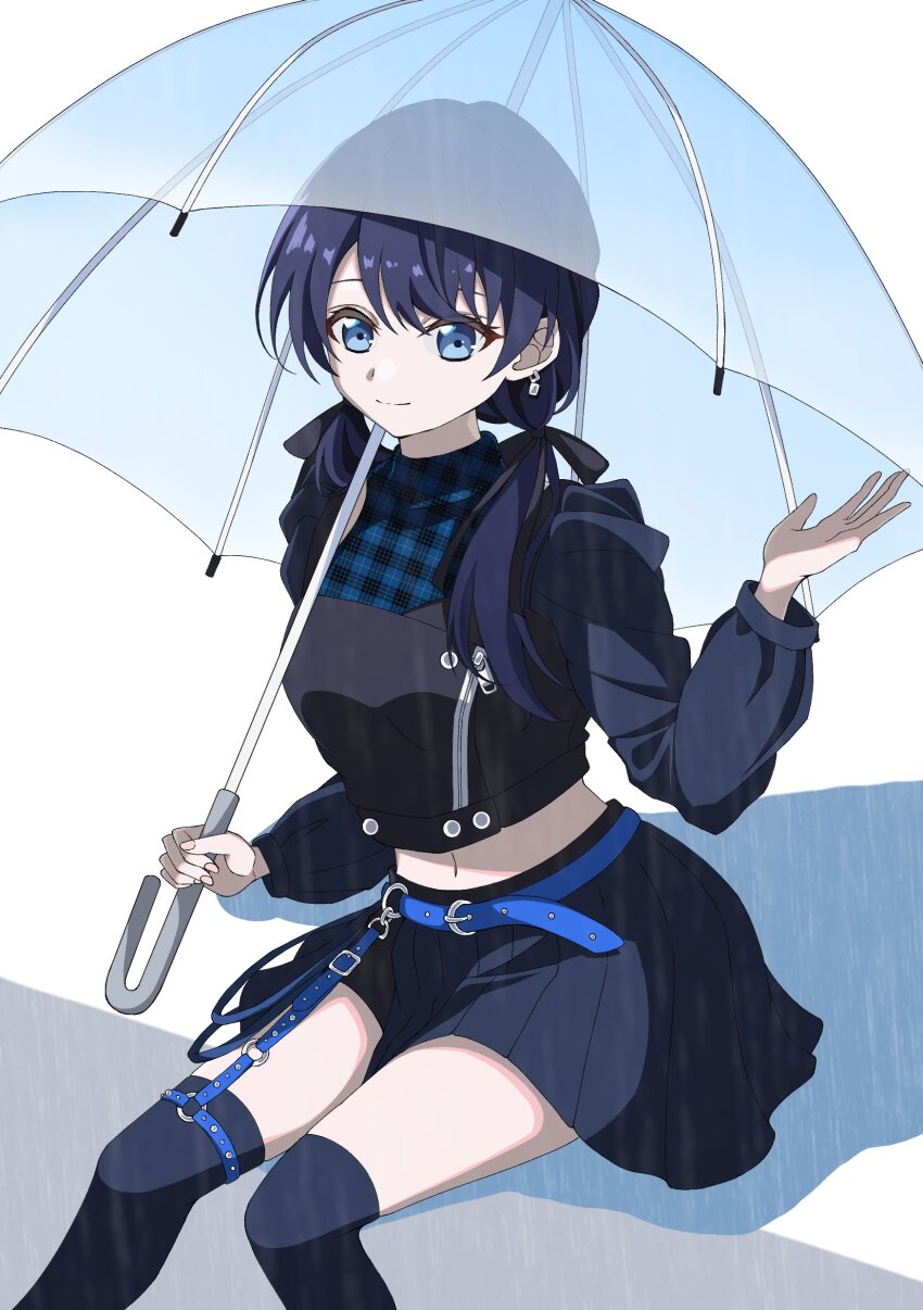 1girl, absurdres, belt, black_jacket, black_ribbon, black_shorts, blue_belt, blue_eyes