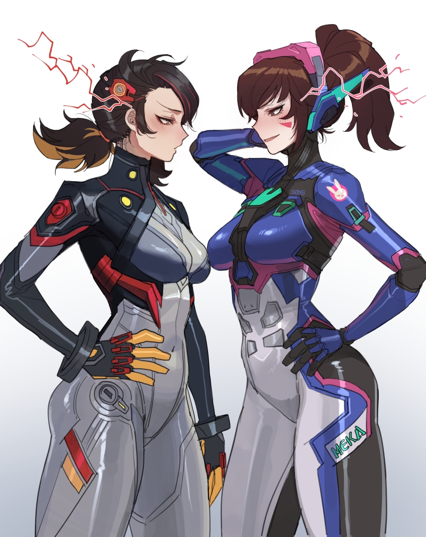 2girls, absurdres, black_hair, blue_bodysuit, bodysuit, breasts, brown_eyes, brown_hair