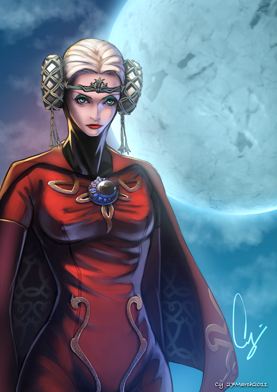 1girl, bayonetta_(series), bayonetta_1, blonde_hair, blue_eyes, bodysuit, cape, cy_(mercyguy), double_bun, donut_hair_bun, elbow_gloves, eyeshadow, female_focus, gloves, hair_bun, jeanne_(bayonetta), jewelry, lipstick, makeup, solo