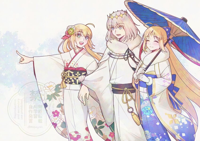 1boy, 2girls, ahoge, artoria_caster_(fate), artoria_caster_(new_year_2022)_(fate), artoria_caster_(swimsuit_berserker)_(fate), artoria_caster_(the_glow_of_dawn)_(fate), artoria_pendragon_(fate)