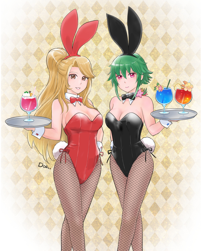 2girls, animal_ears, asellus_(saga_frontier), black_bow, black_bowtie, black_leotard, blonde_hair, bow, bowtie, breasts, brown_eyes, brown_pantyhose, checkered_background, cleavage, commentary_request, detached_collar, drink, elizabeth_(saga), fake_animal_ears, feet_out_of_frame, fishnet_pantyhose, fishnets, green_hair, highres, large_breasts, leotard, long_hair, medium_breasts, multiple_girls, pantyhose, playboy_bunny, rabbit_ears, rabbit_tail, red_bow, red_bowtie, red_eyes, red_leotard, saga, saga_frontier, short_hair, side-tie_leotard, strapless, strapless_leotard, sugiyama_dahlia, tail, tray, wrist_cuffs