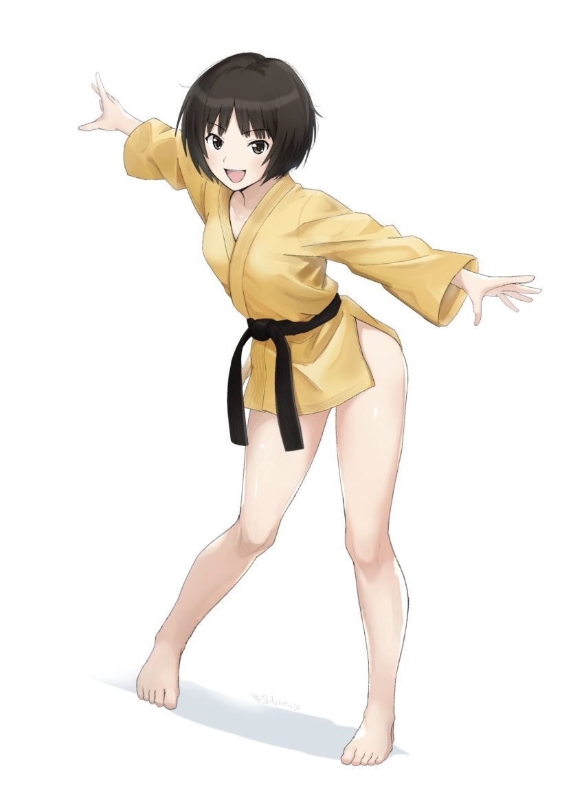 1girl, amagami, artist_name, barefoot, belt, black_belt, black_eyes, black_hair