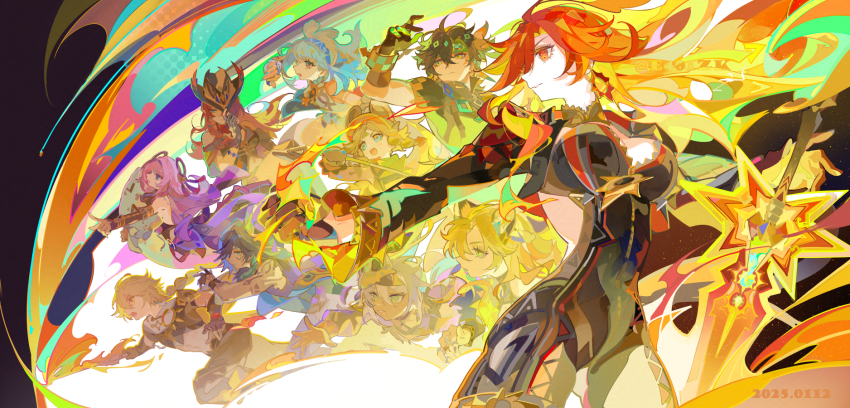3boys, 6+girls, a_thousand_blazing_suns_(genshin_impact), aether_(genshin_impact), ahoge, animal_ears, biker_clothes, bikesuit