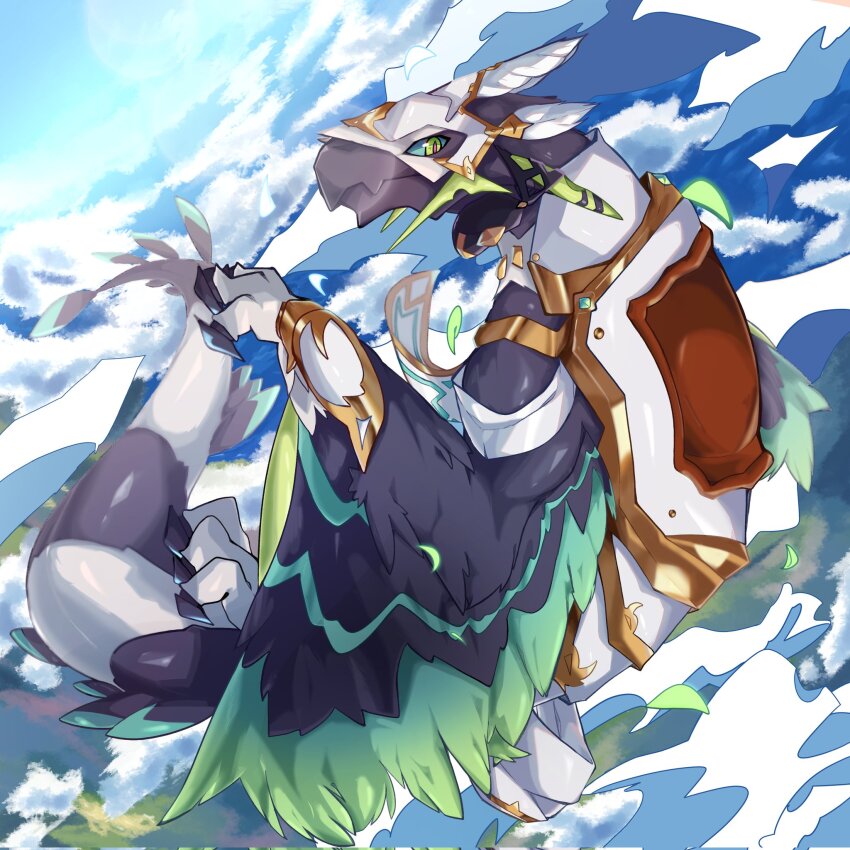 1boy, armor, black_feathers, black_scales, black_wings, blue_sky, claws, cloud