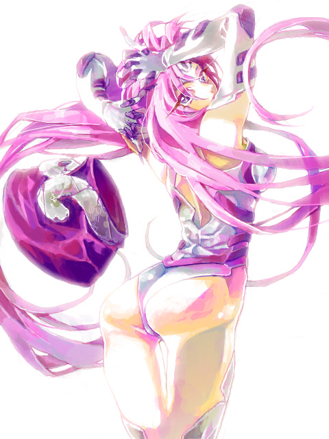 1990s_(style), 1girl, ass, blue_eyes, elbow_gloves, facial_mark, female_focus, gloves, houshin_engi, leotard, long_hair, mochizuki_akari, pink_hair, retro_artstyle, so_dakki, solo, tegaki