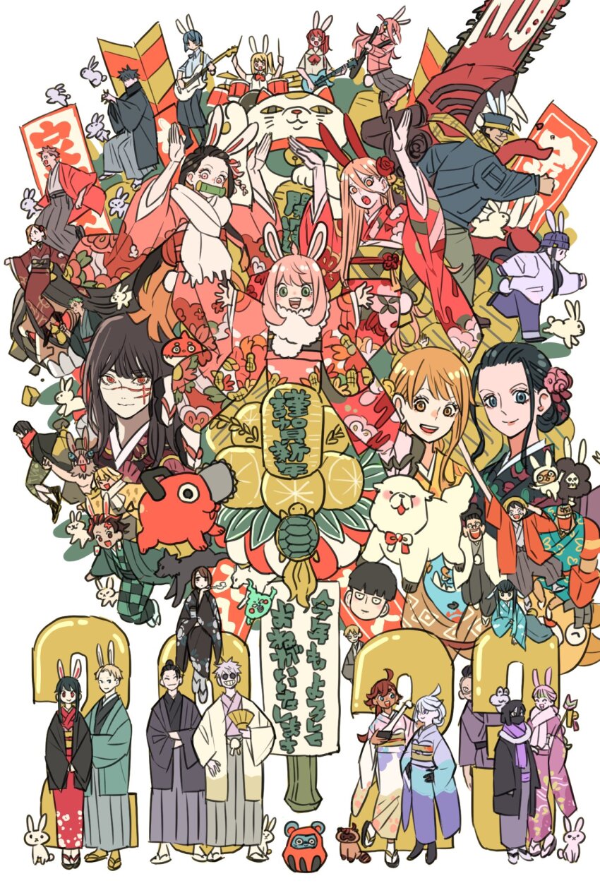 2023, 6+boys, 6+girls, ^_^, agatsuma_zenitsu, ahoge, alternate_form, animal, animal_ears, anya_(spy_x_family), asirpa, aura, black_hair, blonde_hair, blood, blue_eyes, blue_hair, blunt_bangs, boar_mask, bob_cut, bocchi_the_rock!, bond_(spy_x_family), brook_(one_piece), brother_and_sister, cat, chainsaw_man, character_request, checkered_clothes, checkered_kimono, cigarette, closed_eyes, commentary_request, crossover, datto_(jujutsu_kaisen), denji_(chainsaw_man), dog, drum, drum_set, drumsticks, ekubo_(mob_psycho_100), facial_hair, fake_animal_ears, floral_print, floral_print_kimono, franky_(one_piece), fur-trimmed_kimono, fur_trim, fushiguro_megumi, geto_suguru, goatee, gojo_satoru, golden_kamuy, gotoh_hitori, guitar, gundam, gundam_suisei_no_majo, gyokuken, hair_between_eyes, hair_bun, hakama, hand_fan, hand_on_own_hip, haori, hat, highres, holding, holding_cigarette, holding_drumsticks, holding_fan, holding_guitar, holding_instrument, ieiri_shoko, iguro_obanai, ijichi_nijika, instrument, itadori_yuji, jacket, japanese_clothes, jinbe_(one_piece), jujutsu_kaisen, kaburamaru, kageyama_shigeo, kamado_nezuko, kamado_tanjirou, kanroji_mitsuri, kimetsu_no_yaiba, kimono, kita_ikuyo, kugisaki_nobara, long_hair, looking_at_viewer, mask, mikasa_ackerman, miorine_rembran, mob_psycho_100, mole, monkey_d._luffy, monster_strike, mouth_mask, multiple_boys, multiple_crossover, multiple_girls, nami_(one_piece), nico_robin, obi, one_piece, oragon, orange_eyes, orange_hair, pink_eyes, pink_hair, pink_jacket, pink_kimono, pochita_(chainsaw_man), ponytail, power_(chainsaw_man), print_kimono, purple_kimono, rabbit, red_eyes, red_hair, red_kimono, reigen_arataka, reze_(chainsaw_man), roronoa_zoro, sanji_(one_piece), sash, scar, scar_on_face, scarf, shinazugawa_genya, shingeki_no_kyojin, short_hair, siblings, sidelocks, smoke, spy_x_family, straw_hat, sugimoto_saichi, suletta_mercury, takeuchi_ryousuke, takeuchi_ryousuke_(character), tanuki, thousand_sunny, tokitou_muichirou, tony_tony_chopper, turtle, twilight_(spy_x_family), usopp, white_hair, wide_sleeves, yamada_ryo, yor_briar